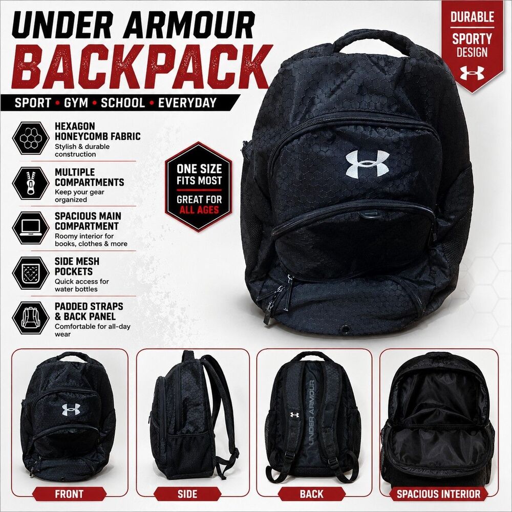 Under Armour Black Hexagon Honeycomb Backpack Sport Gym School Bag